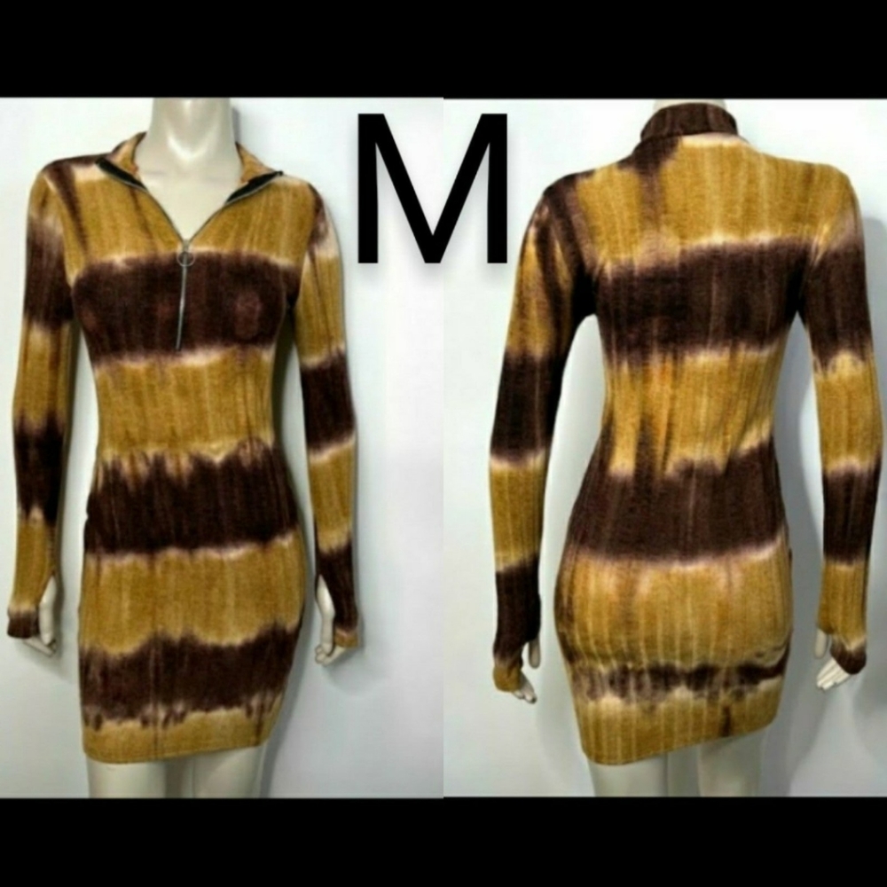 🆕Tan & Burgundy Tie Dye Long Sleeve Knit Bodycon MiniDress   Size M